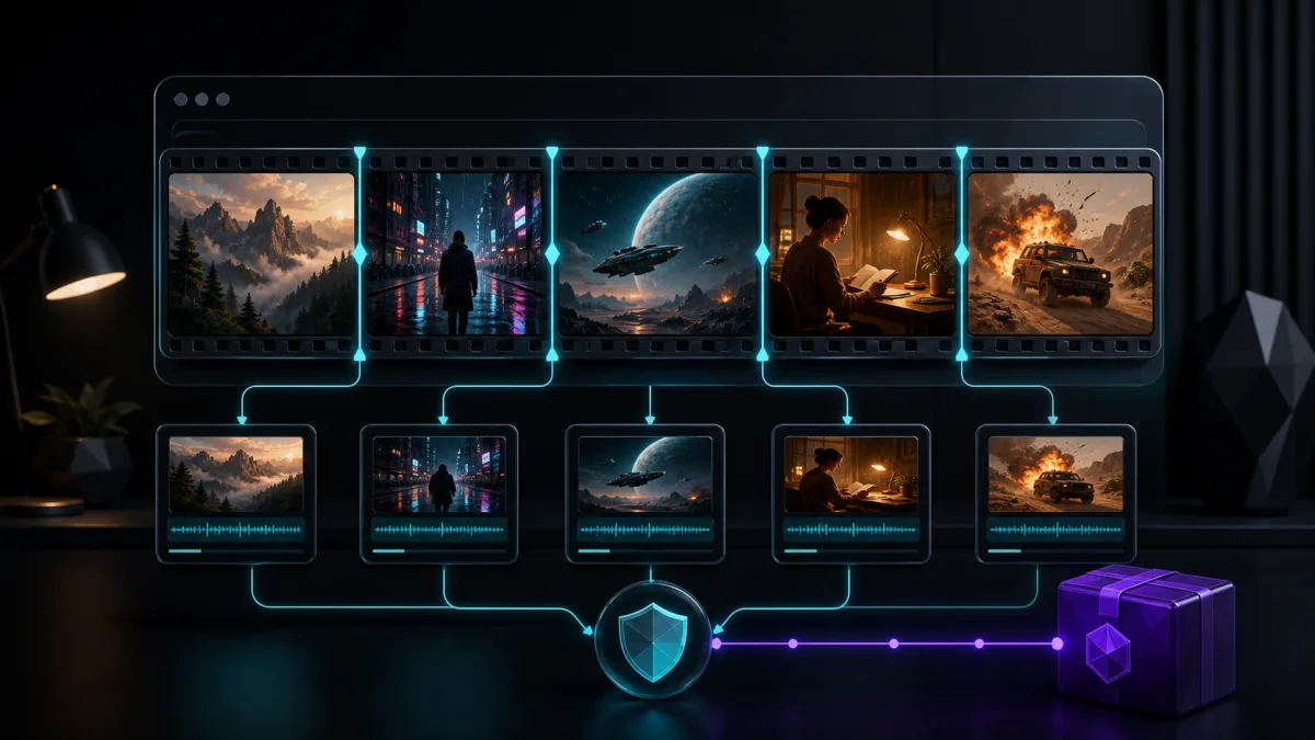 A local video timeline divided into separate scene clips by automatic cut markers